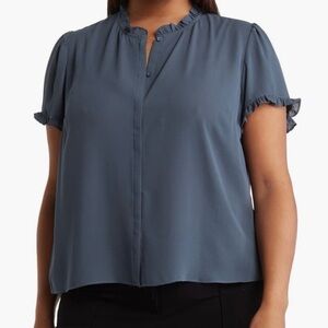 T Tahari Slate Blue Ruffle Neck Blouse